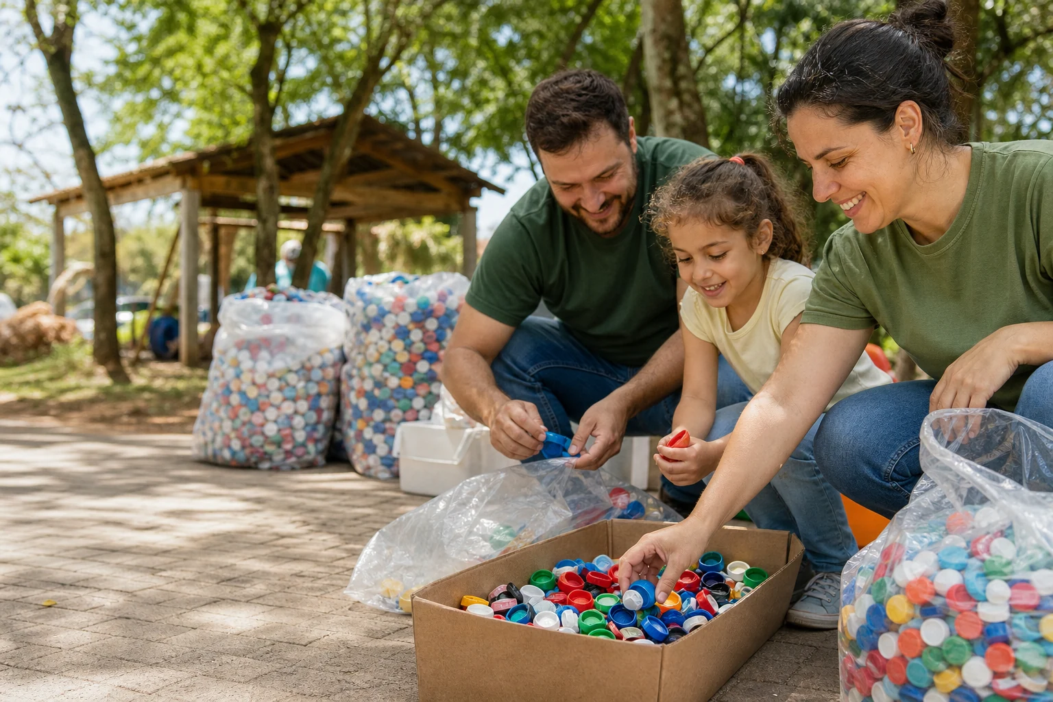 Família e voluntários separando tampinhas durante uma ação comunitária