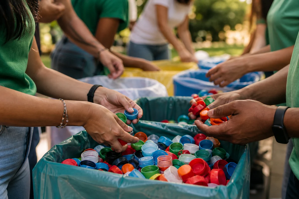 Voluntários separando tampinhas plásticas para reciclagem
