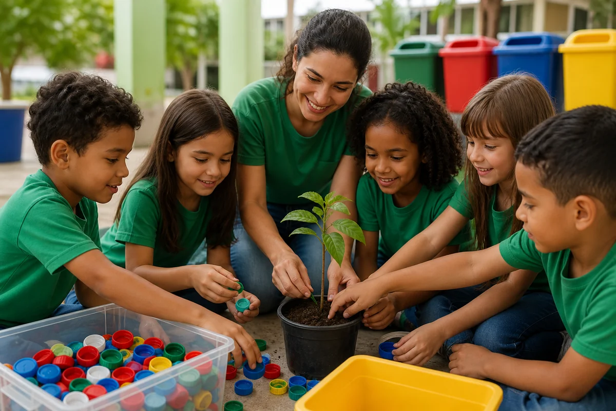 Educadora e crianças participando de uma atividade ambiental