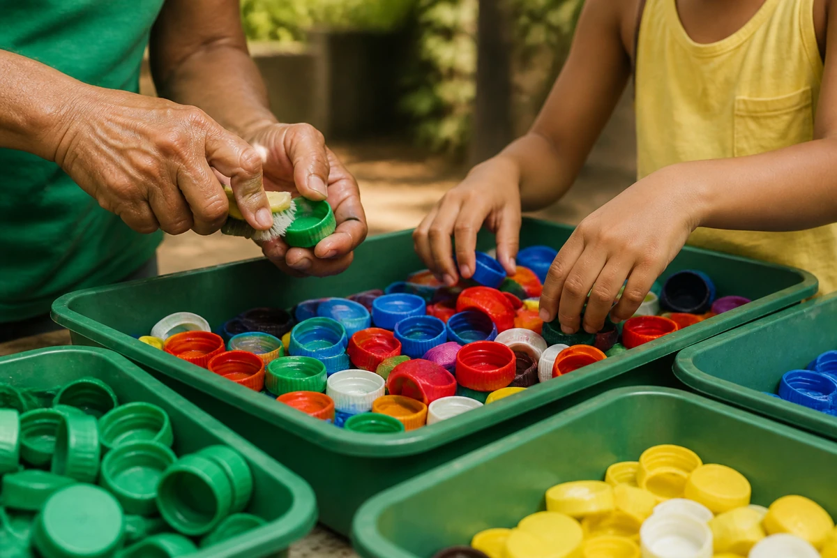 Adulto e criança higienizando e separando tampinhas plásticas por cores