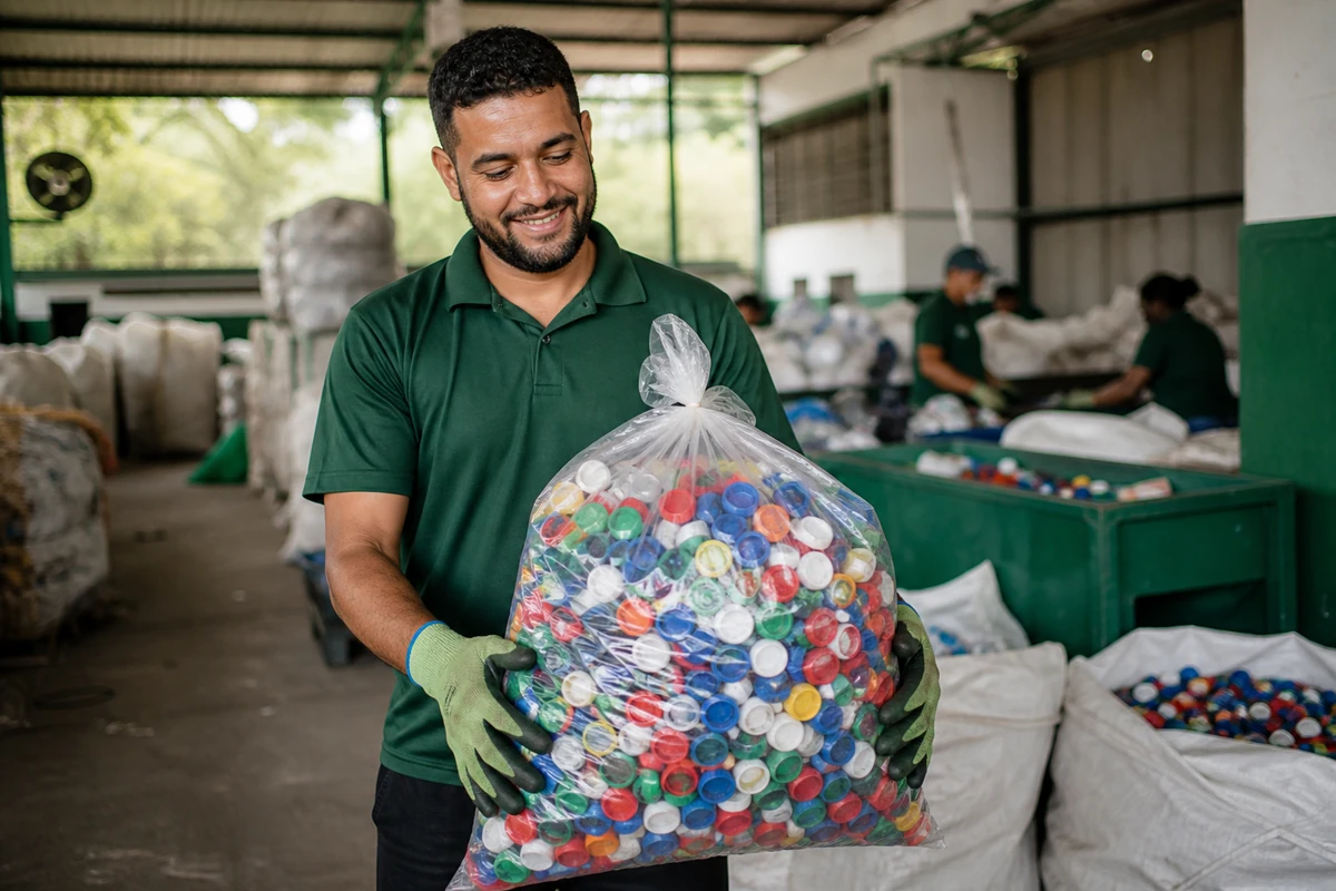 Voluntário encaminhando uma grande sacola de tampinhas para a triagem