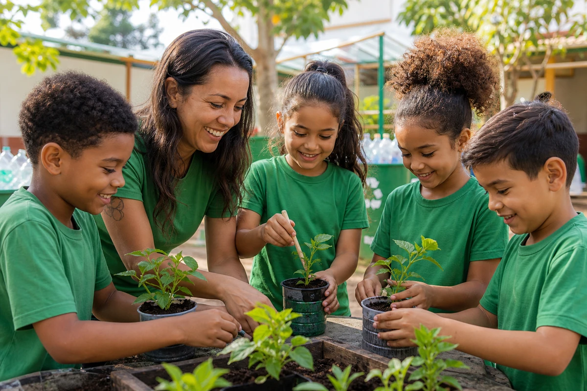 Crianças e voluntária plantando mudas em uma atividade comunitária